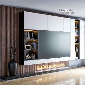Model Lemari TV Minimalis dengan Finishing HPL Kayu Natural Model Lemari TV minimalis