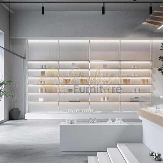 Rak toko kosmetik minimalis Bekasi bahan HPL mewah